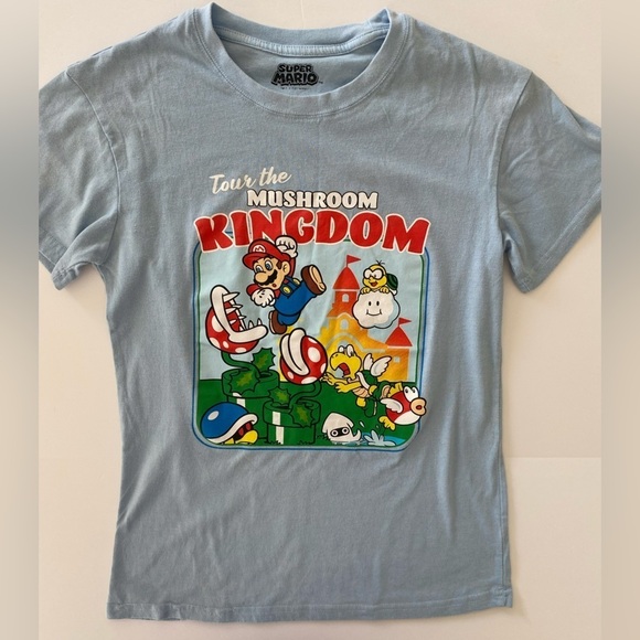 Super Mario T-Shirt Adult Small Blue Tour the Mushroom Kingdom Graphic Tee Game - Picture 1 of 8